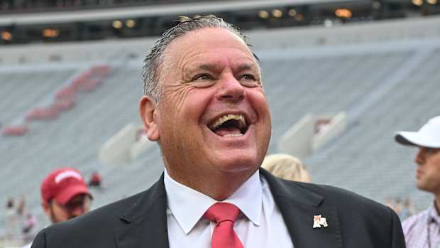 Razorbacks coach Sam Pittman walking Bryant-Denny Stadium before matchup with Alabama.